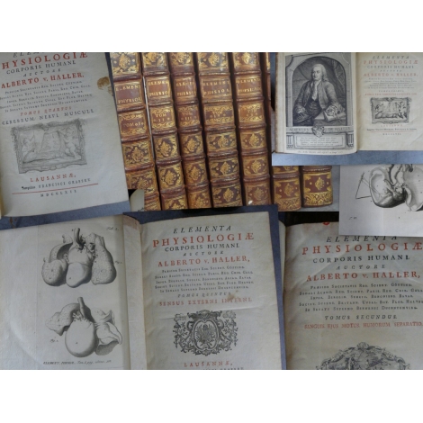 Haller Albrecht von Elementa Physiologiae corporis humani Editions originales 1757-65 Médecine 7 volumes in quarto