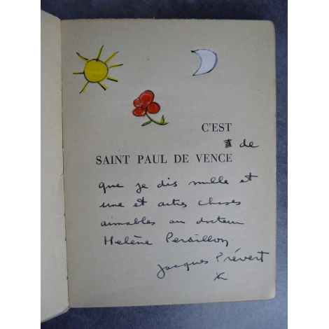 Jacques Prévert C'est à saint paul de Vence Bel envoi de Prévert enrichi de fleur lune et soleil coloriées