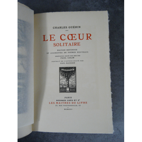 Charles Guérin Le Coeur solitaire Maîtres du Livre Georges Crès 1922 Numéroté sur papier de Rives très frais