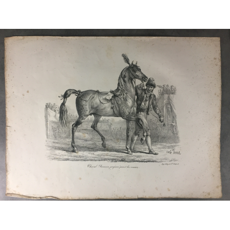 Carle Vernet Grande Lithographie Originale Cheval Horse Cheval romain préparé pour la course Delpech