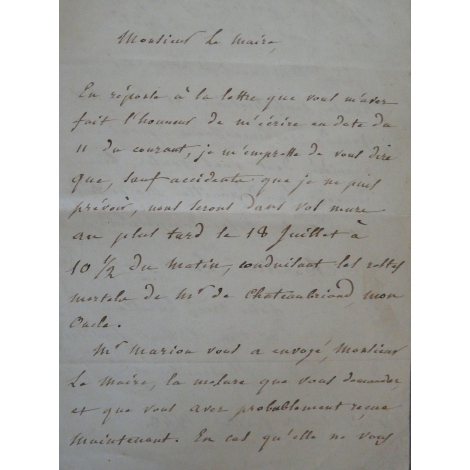 Lettre autographe Le neveu de Chateaubriand organise les funérailles de son oncle et son transfert à Saint-Malo