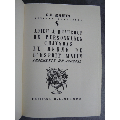 CF Ramuz titre numéroté sur vergé chiffon bel exemplaire année 1941 Adieu Chansons Esprit Malin