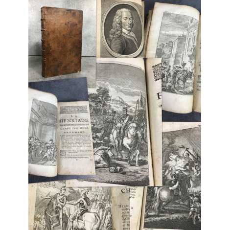 Voltaire La Henriade et Essay sur la poésie épique Amsterdam Etienne Ledet 1738 complet des 12 gravures .