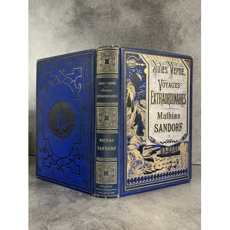 Jules Verne Mathias Sandorf 1885 Hetzel Cartonnage bleu à la bannière argentée plats biseautés Lenègre