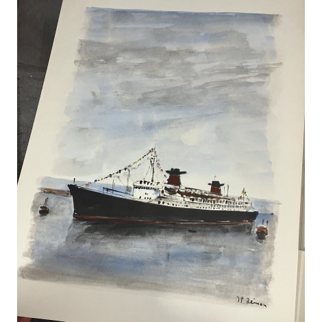 Rémon Jean Pierre Le France et la mer mis en couleur à l'aquarelle dédicace de l'auteur Compagnie transatlantique