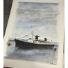 Rémon Jean Pierre Le France et la mer mis en couleur à l'aquarelle dédicace de l'auteur Compagnie transatlantique