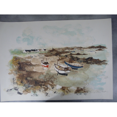 Urbain Huchet Grande Lithographie originale signée par l'Artiste 76 x 54 cm Bretagne Port à Marée Basse.