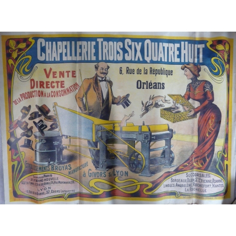 Grande affiche originale couleur vers 1920 Chapellerie Bruyas à Givors Très fraîche