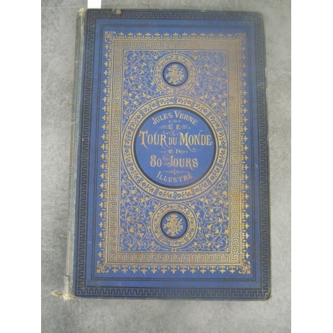 Hetzel Jules Verne Le tour du monde en 80 jours Aux deux bouquets de roses grecque en encadrement. Bleu. Rare à restaurer.